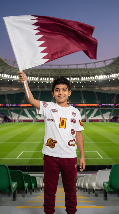 Qatar Embroidered Stamps Tee – Mustard & Brown Edition (25TB002)